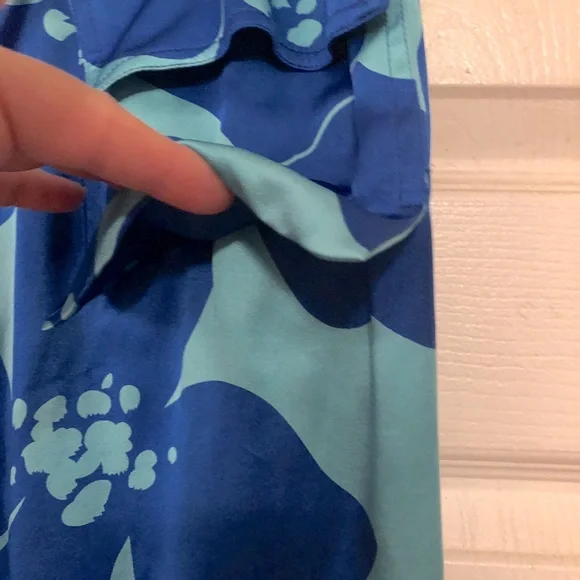 SILK turquoise blue large floral capri Bermuda  pants  XS drawstring - Picture 7 of 10